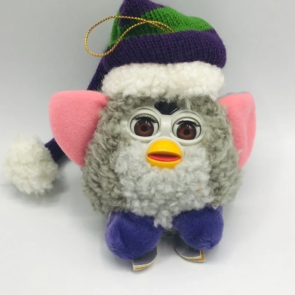 Vtg Furby Christmas Ornament Plush Stuffed Gray Santa Hat Xmas Ice Skates 4”